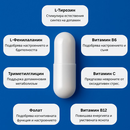 Съставки на Herbiora Dopamine Booster - L-Тирозин, L-Фенилаланин, Триметилглицин, витамини B6, B12, C, Фолат - подпомагат синтеза на допамин, повишават енергията, настроението и когнитивната функция