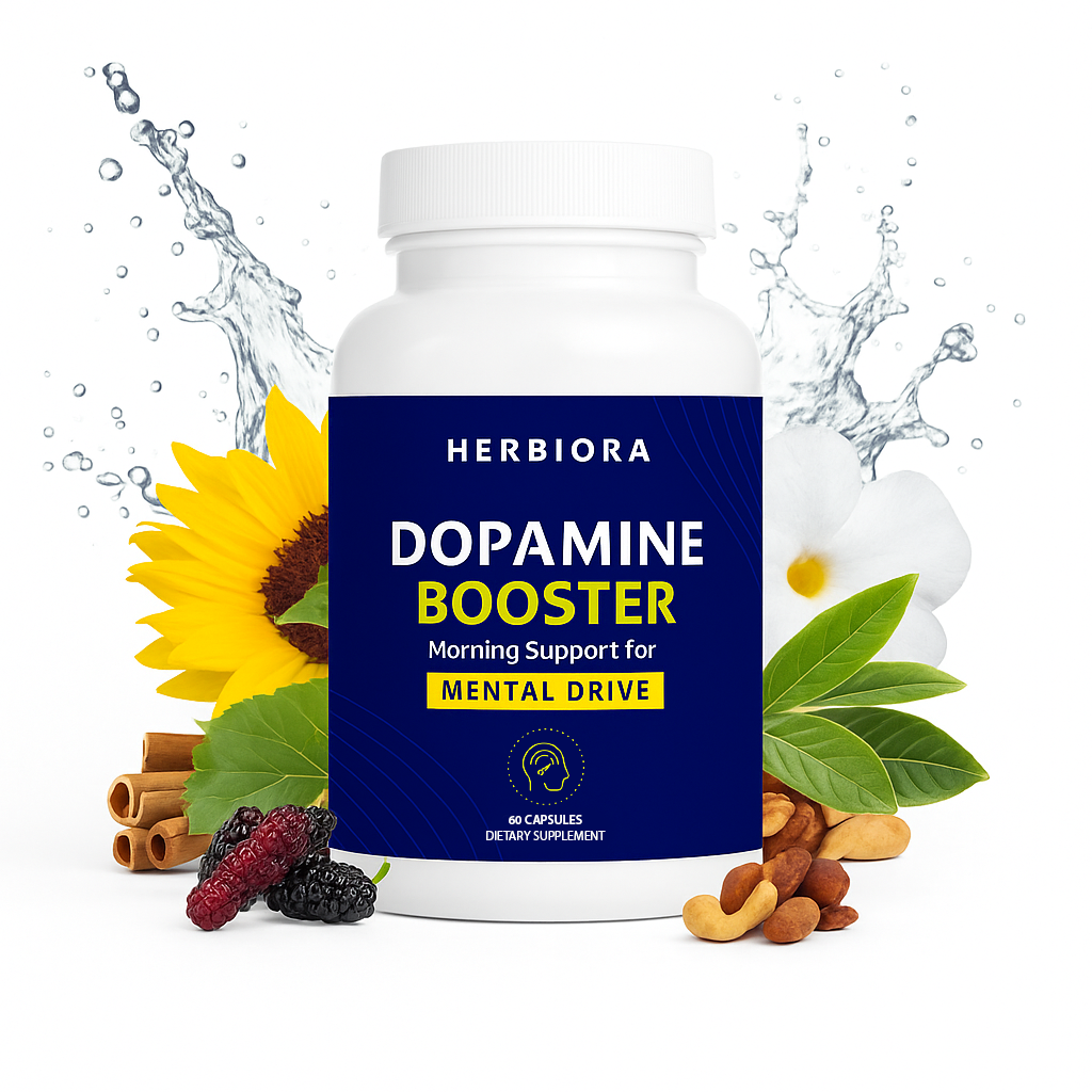 Herbiora Dopamine Booster - добавка за стимулиране на допамина, повишаване на мотивацията и фокуса. Подкрепа за психичното здраве и енергия с естествени съставки като ядки, плодове и билки. 60 капсули.